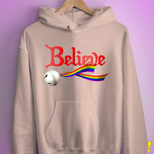 Believe LGBTQ Rainbow Pride Jingle Bell Hoodie - Light Pink
